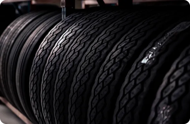 A rack of stacked tyres in the workshop